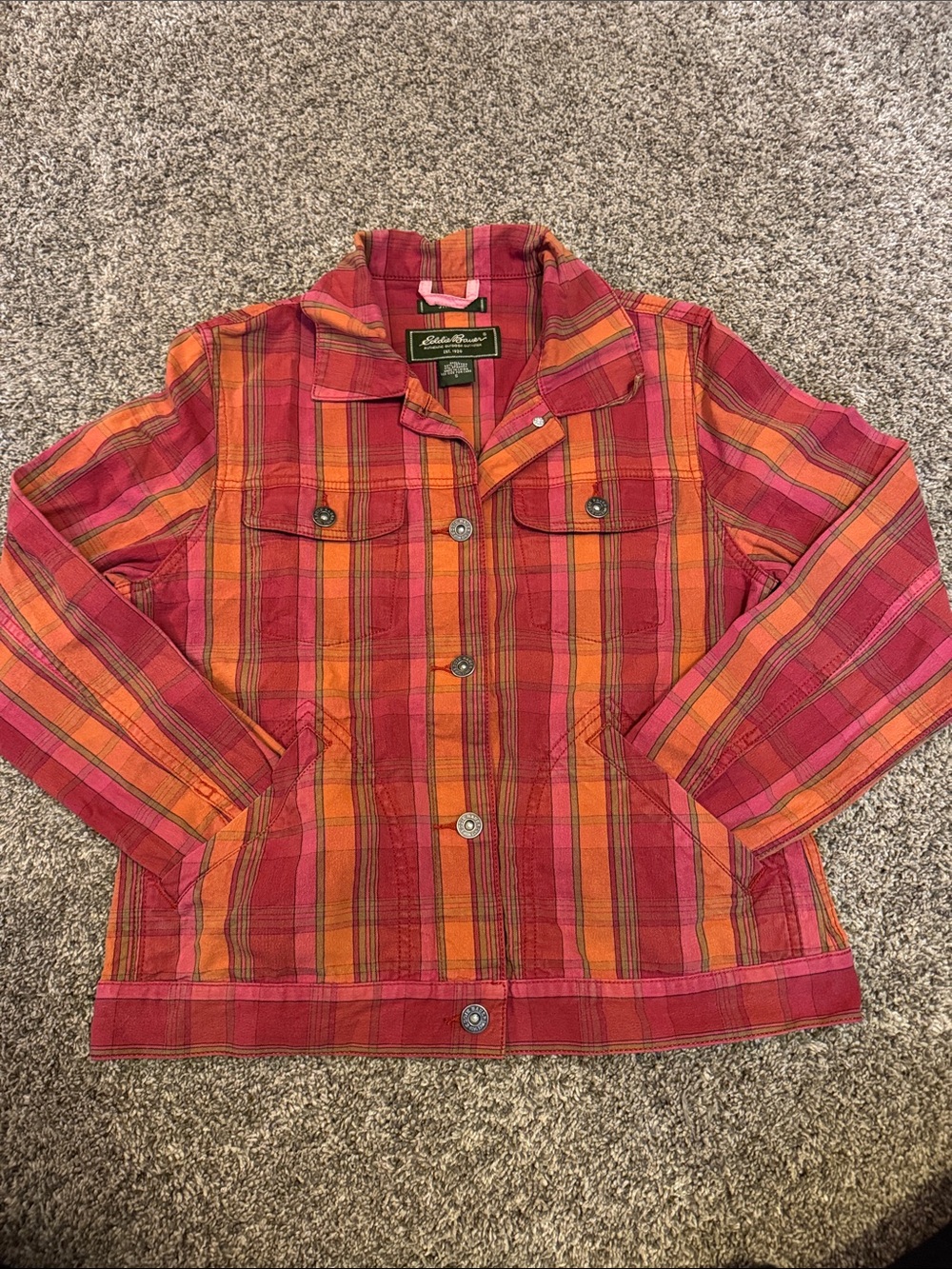 Vintage 90s Eddie Bauer Western Plaid Shirt Womens Small - Pink Orange Pearl Sna